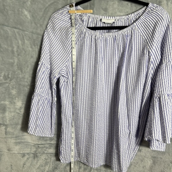 Liz Claiborne top women’s  petite Med Blue Striped cotton blend lightweight boho - Picture 4 of 9